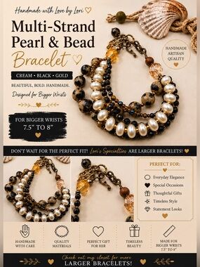 Multi-Strand Pearl and Bead Bracelet in Cream, Black & Gold for Bigger Wrists 💋